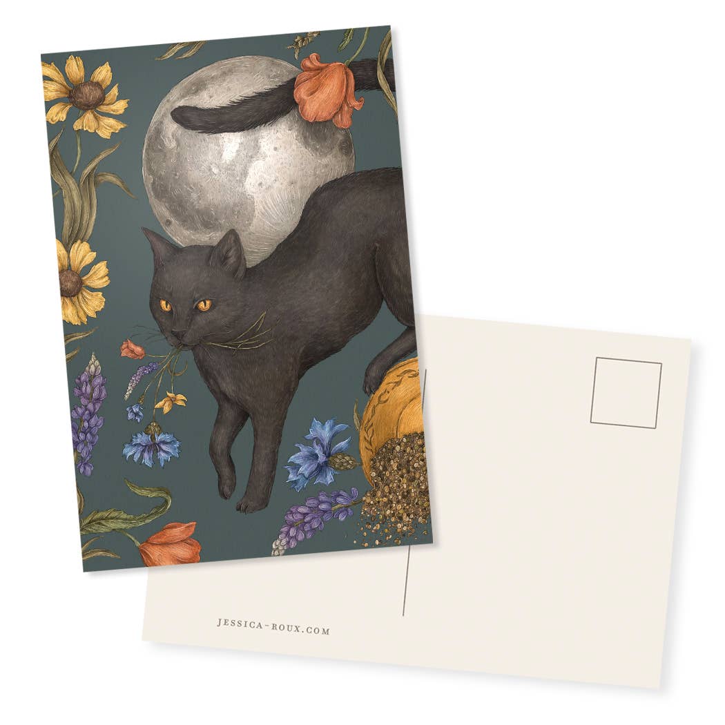 Jessica Roux 4” x 6” Black Cat and Full Moon Postcard