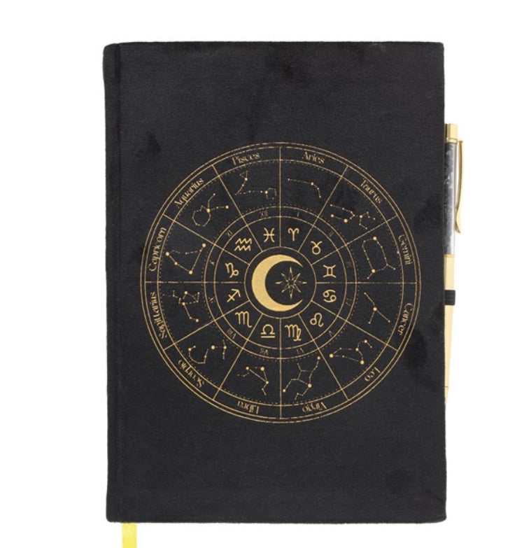 Astrology wheel journal with black obsidian pen