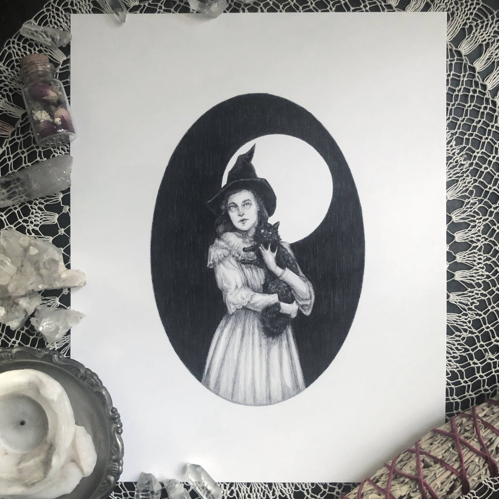 Winnie & Shadow Fine Art Print - Victorian Witch and Cat